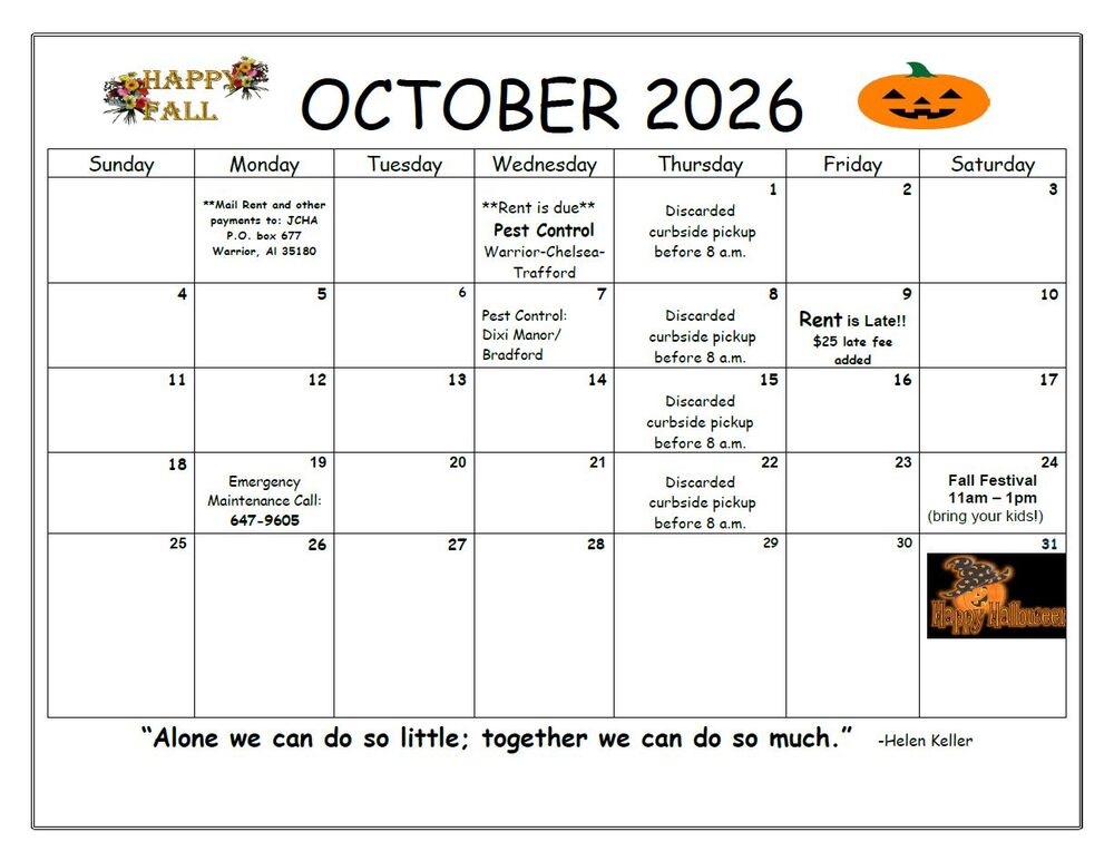 October 2026 Warrior Calendar. All information as listed below.