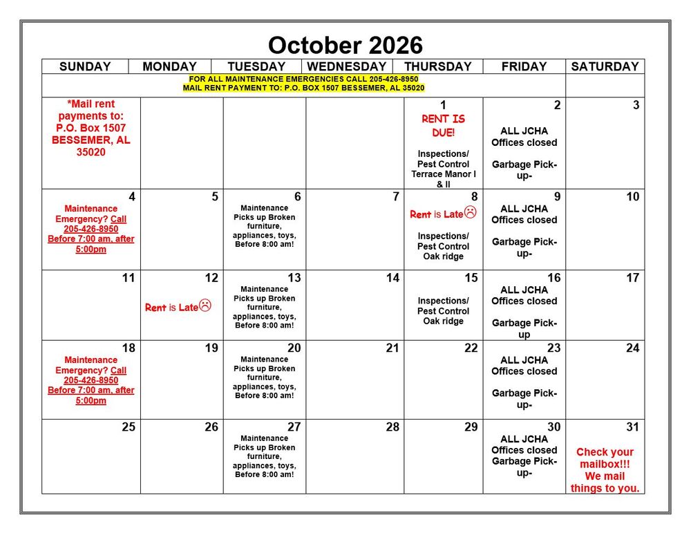 October 2026 Bessemer Calendar. All information as listed below.