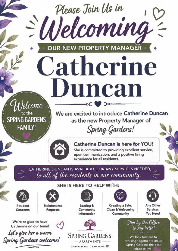 Welcoming Catherine Duncan Flyer. All information as listed below.