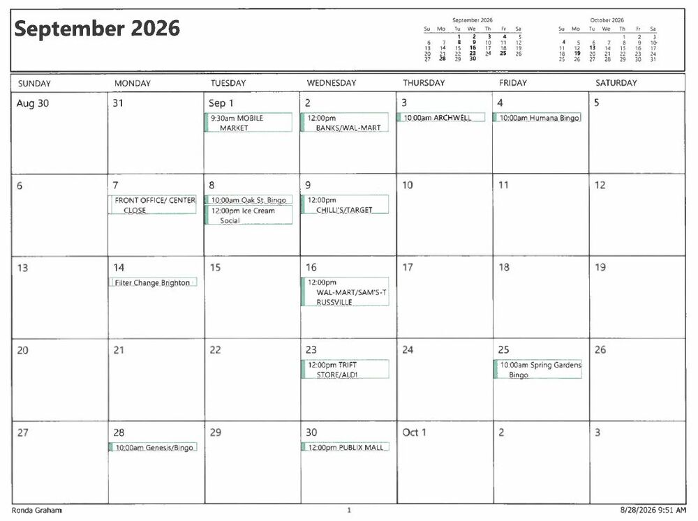 September Spring Gardens Calendar. All information as listed below.