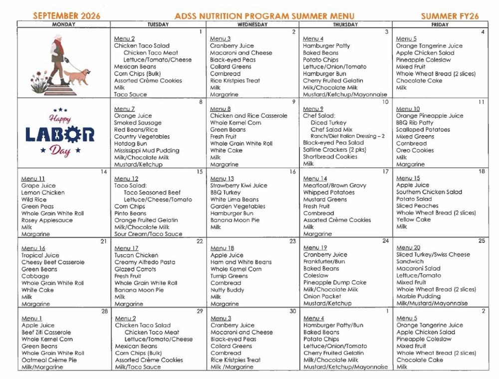 ADSS Nutrition Program Summer Menu. All information as listed below.