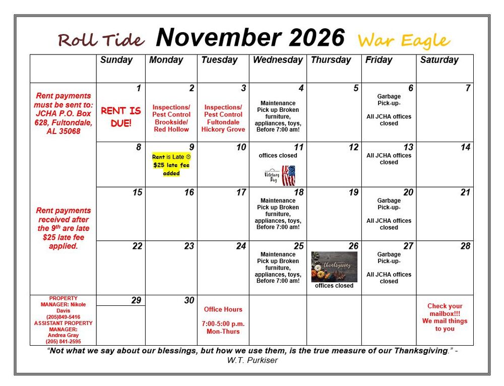 November 2026 Fultondale Calendar. All information as listed below.