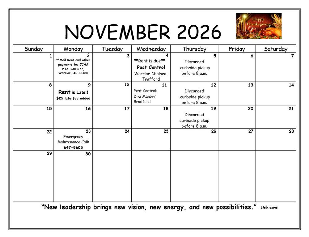 November 2026 Warrior Calendar. All information as listed below.