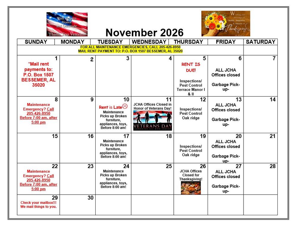 November 2026 Bessemer Calendar. All information as listed below.