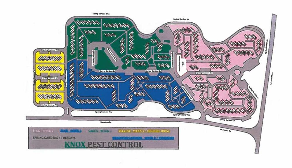 Full map of Spring Gardens Pest Control Key. All information as listed below.