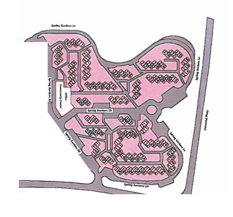 Pink Section for Pest Control. It includes the apartments around Spring Gardens Circle and Spring Gardens Lane.