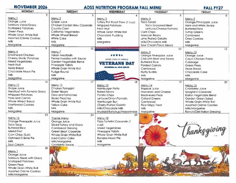ADSS Nutrition Program Fall Menu. All information as listed below.